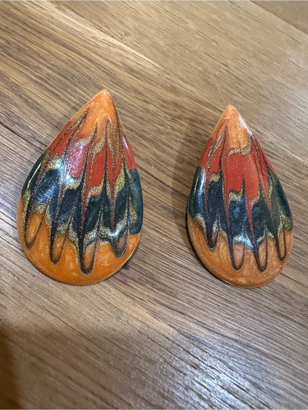 Handmade Teardrop Earrings in Orange, Red, Black and Gold